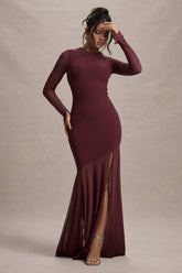 Port Mesh Long-Sleeve Open-Back Maxi Dress